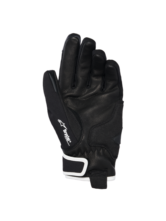 Alpinestars Stella Moblast Waterproof Gloves, palm view, black goat leather with textured grip, white accents and Drystar branding, short-cuff design for urban motorcycle riding