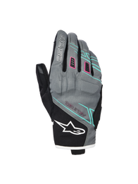 Alpinestars Stella Moblast Waterproof Gloves, Women's Motorcycle Gloves, Fur Gray and Black with Pink and Turquoise Accents, short-cuff design featuring MO.ST.EQ. branding, textile construction with protective knuckle padding and white Alpinestars logo