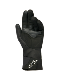 Alpinestars Woman Stella WT-1 Drystar® Insulated Gloves, Black, palm view featuring soft suede with overlay reinforcement for grip, long textile cuff with white Alpinestars logo on the strap, touchscreen compatible fingertips, technical winter motorcycle gear