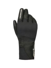 Alpinestars Stella WT-1 Drystar Insulated Gloves, Women's Motorcycle Winter Gloves, Black, white alpinestars branding on the index finger and star logo on the cuff, waterproof textile and suede construction for cold weather commuting