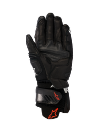 Alpinestars GP Plus R V3 Leather Gloves, Black, palm view showing durable leather construction, red Astars logos on the wrist strap and cuff, reinforced grip panels, and an adjustable closure for racing and sport performance.
