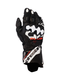 Alpinestars GP Plus R V3 Leather Gloves, Motorcycle Racing Gloves, Black with White and Red accents, featuring white DFS knuckle protectors, perforated leather for breathability, and bold Alpinestars branding on the cuff