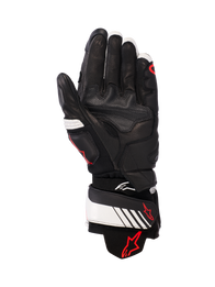 Alpinestars GP Plus R v3 Leather Gloves, Black White and Red Fluo, palm view showing full leather construction with reinforced padding, white wrist strap with red Alpinestars logo, racing-inspired protective gear for motorcycle riders
