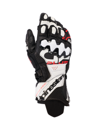 Alpinestars GP Plus R V3 Leather Gloves, Motorcycle Racing Gloves, Black White and Red Fluo, featuring premium leather construction with hard TPU knuckle protection, perforated panels for airflow, and bold branding on the extended cuff