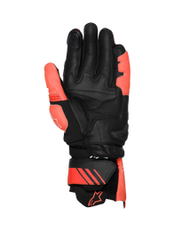 Alpinestars GP Plus R V3 Men's Leather Gloves in black and red fluo, featuring a protective TPU palm slider for racing.