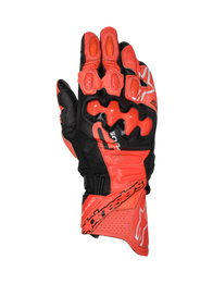 Alpinestars GP Plus R V3 Leather Gloves, red and black racing motorcycle gloves with TPU knuckle protection, CE certified.