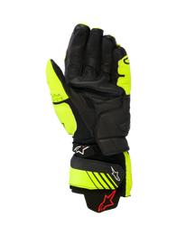 Alpinestars GP Plus R V3 Leather Gloves, Racing and Sport Motorcycle Gloves, Yellow Fluo and Black, palm view showing leather construction, reinforced grip areas, and adjustable cuff straps with Alpinestars branding, high-performance track gear