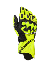 Alpinestars GP Plus R V3 Leather Gloves, Motorcycle Racing Gloves, Yellow Fluo and Black, featuring hard knuckle protectors, perforated ventilation zones, and secure cuff closure with bold branding.
