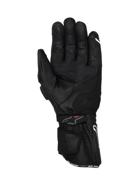 Alpinestars SP-3 black leather motorcycle racing gloves, palm view with long cuff and reinforced grip for road riding.