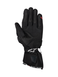 Alpinestars SP-3 Men's Racing Gloves, Black leather palm view with white and red accents and touchscreen compatible tip.