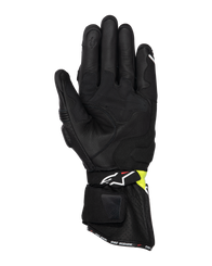 Alpinestars SP-3 Gloves, Motorcycle Road Gloves, Black and Yellow Fluo, palm side view showing goat leather construction, padded palm reinforcements, long cuff with adjustable strap, and touchscreen compatible index finger