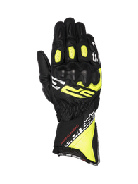 Alpinestars SP-3 Gloves, racing motorcycle gloves for men, black and yellow fluo leather with CE knuckle protection.