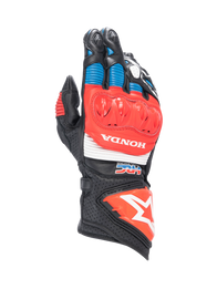 Alpinestars Honda GP Pro R3 Gloves, black and red leather motorcycle racing gauntlets with DFS knuckle protection.