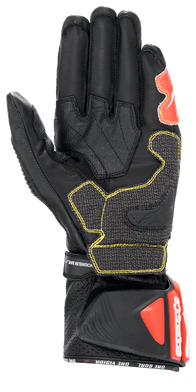 Alpinestars GP Tech V2 Gloves, Black White and Red Fluo, Palm View showing black leather construction with yellow contrast stitching, protective DFS cuff with red accents, professional racing motorcycle gear