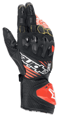 Alpinestars GP Tech V2 Gloves, Motorcycle Racing Gloves, Black White and Red Fluo, featuring dual-density knuckle protector, perforated leather with yellow stitching, red DFS cuff impact slider, professional racing design