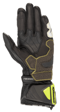 Alpinestars GP Tech V2 Gloves, Black and Yellow Fluo, Palm side view showing kangaroo leather construction, reinforced grip panels with yellow stitching, ergonomic cuff with yellow fluo protectors and 'SAFE RETENTION' strap, professional racing motorcycle gear