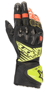 Alpinestars GP Tech V2 Gloves, Motorcycle Racing Gloves, Black with Yellow Fluo and Red accents, featuring hard knuckle armor, perforated leather cuff with DFS branding, and accordion stretch panels for optimal flexibility.