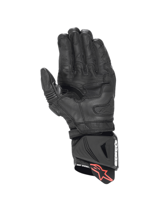 Alpinestars GP Pro R4 Gloves in black leather featuring a kangaroo leather palm and DFS cuff slider for racing.