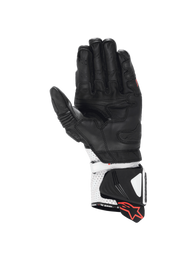 Alpinestars GP Pro R4 motorcycle racing gloves in black and white leather with a kangaroo palm and DFS gauntlet cuff.
