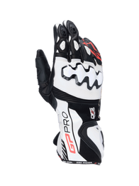 Alpinestars GP Pro R4 Gloves, black and white leather motorcycle racing gauntlet gloves with DFS knuckle protection.