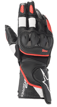 Alpinestars SP-2 V3 Gloves, Motorcycle Racing Gloves, Black with White and Bright Red accents, featuring a hard TPU knuckle guard, perforated leather construction on the cuff, white accordion stretch panels on fingers, and prominent GP Series branding.