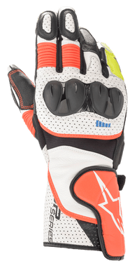 Alpinestars SP-2 V3 Gloves, Motorcycle Racing Gloves, White Black Red Yellow, perforated leather with knuckle protection, sport riding performance gloves