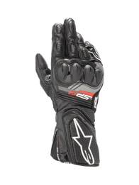 Alpinestars SP-8 V3 black motorcycle racing gloves featuring SP dual density knuckle protection and goat leather construction.
