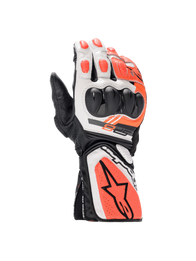 Alpinestars SP-8 V3 motorcycle racing gloves in black, white, and red fluo leather with dual density knuckle protection.
