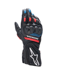 Alpinestars Honda SP-8 V3 Gloves, men's motorcycle sport gloves in black and red with blue accents and knuckle protection.