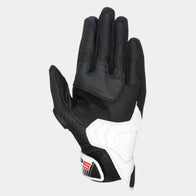 Alpinestars SP-5 Gloves, palm view, Black and White leather, featuring microfiber grip inserts on the palm and thumb, perforated leather for ventilation, white reinforcement on the pinky side, and SP-5 branding on the wrist closure.