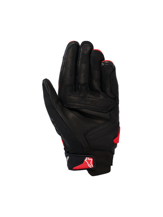 Alpinestars SP X 7 Gloves, Short-Cuff Motorcycle Gloves, Black and Bright Red, palm view showing perforated leather construction, reinforced palm panels, and red Astars logo on the wrist strap