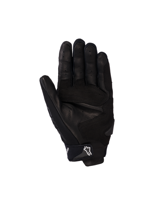 Alpinestars SP X 5 Air Gloves, Motorcycle Gloves, Black, palm view featuring perforated leather, reinforced palm sliders, and adjustable wrist strap with white star logo, sporty protective gear