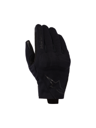 Alpinestars Reef V2 Gloves, Black, short cuff motorcycle gloves with textured stretch fabric, ergonomic design featuring brand logo on the index finger and star emblem on the back of the hand