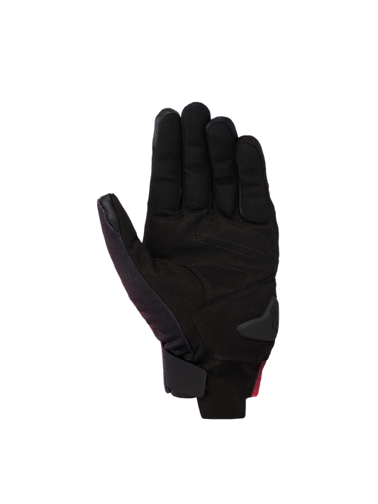 Alpinestars Reef V2 Gloves, motorcycle gloves, Black Red Fluo White, palm view featuring synthetic suede with padded reinforcements, short cuff design with hook-and-loop wrist closure