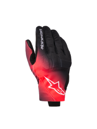 Alpinestars Reef V2 Gloves, motorcycle gloves, Black and Red Fluo, featuring a color gradient, white Alpinestars star logo on the backhand and text on the finger, urban road riding style
