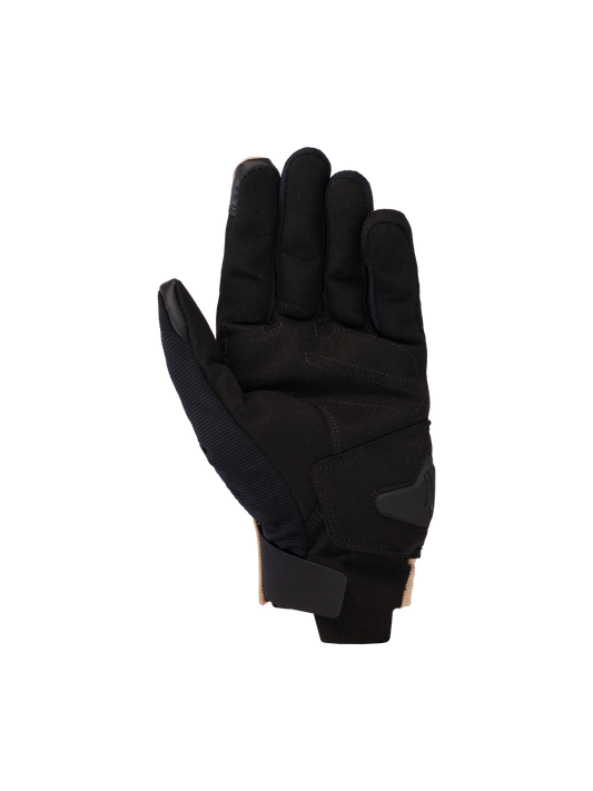 Alpinestars 2025 Reef V2 Gloves, Motorcycle Gloves, Sand Black, palm side view showing synthetic suede palm with padded reinforcement, short cuff with hook-and-loop strap, and touchscreen compatible fingertips