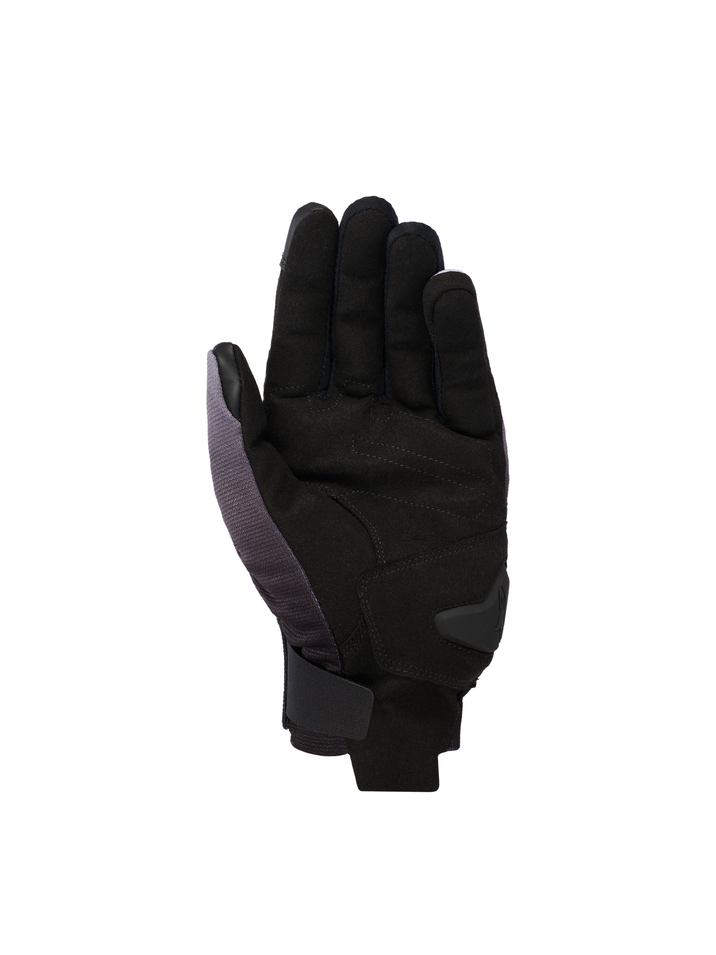 Alpinestars Reef V2 Gloves, short-cuff motorcycle gloves, Mid Gray Black White, palm-side view featuring synthetic suede with padded reinforcement and a secure hook-and-loop wrist closure.
