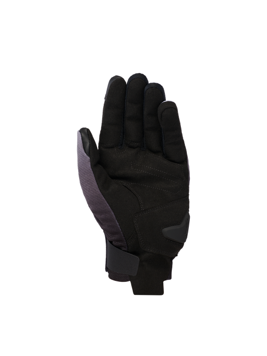 Alpinestars Reef V2 Gloves, short-cuff motorcycle gloves, Mid Gray Black White, palm-side view featuring synthetic suede with padded reinforcement and a secure hook-and-loop wrist closure.