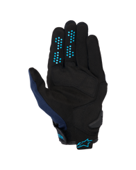 Alpinestars Chrome V2 Gloves, Dark Blue Hawaiian Ocean, palm view, black synthetic suede construction with blue silicone grip dots on fingers, breathable mesh on thumb, and adjustable cuff with blue Alpinestars logo.