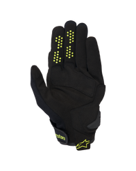 Alpinestars Chrome V2 Gloves, Short Cuff Motorcycle Gloves, Black with neon yellow accents, palm view showing synthetic suede construction, silicone grip dots on fingers, and hook-and-loop wrist closure with Alpinestars branding.