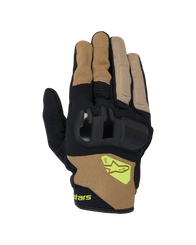Alpinestars Chrome V2 Gloves, Short Cuff Motorcycle Gloves, Dark Khaki and Black, featuring hard knuckle protection, breathable mesh panels, and fluorescent yellow Alpinestars logo, urban road riding gear