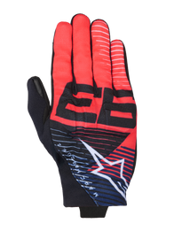 Alpinestars MM93 Reef V2 Gloves, motorcycle gloves, red and black with navy blue accents, featuring a prominent black 93 graphic, white Alpinestars star logo with stripes, and a contemporary sporty design with breathable stretch fabric.