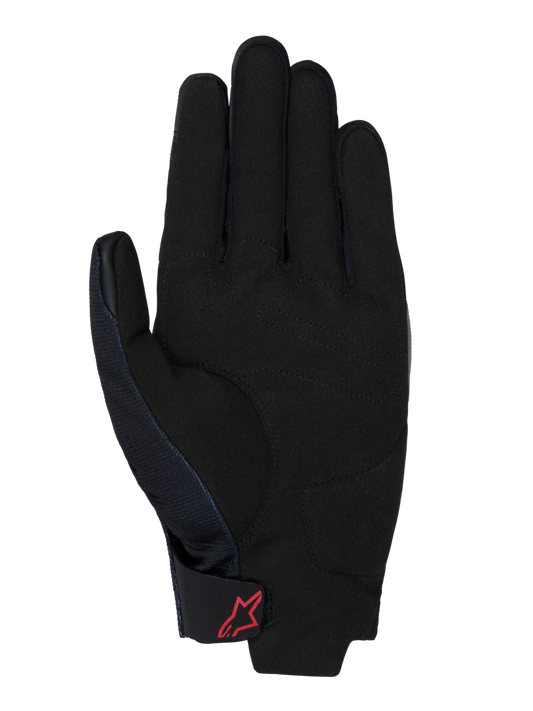 Honda Reef V2 Gloves, palm view, black synthetic suede with padded reinforcement, red Alpinestars logo on the hook-and-loop wrist strap, short cuff design for motorcycle riding