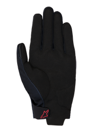 Honda Reef V2 Gloves, palm view, black synthetic suede with padded reinforcement, red Alpinestars logo on the hook-and-loop wrist strap, short cuff design for motorcycle riding