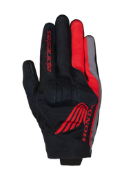 Alpinestars Honda Reef V2 Gloves, Motorcycle Gloves, Black with Bright Red and Dark Gray accents, featuring red Honda wing logo and Alpinestars branding, breathable textile construction with integrated knuckle protection, short cuff design