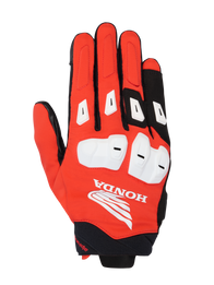 Alpinestars Honda SP X 3 Gloves, Motorcycle Sport Gloves, Bright Red, Black and White, featuring white TPU knuckle protectors and finger sliders, large white Honda Wing logo on the backhand, breathable multi-material design for summer road riding