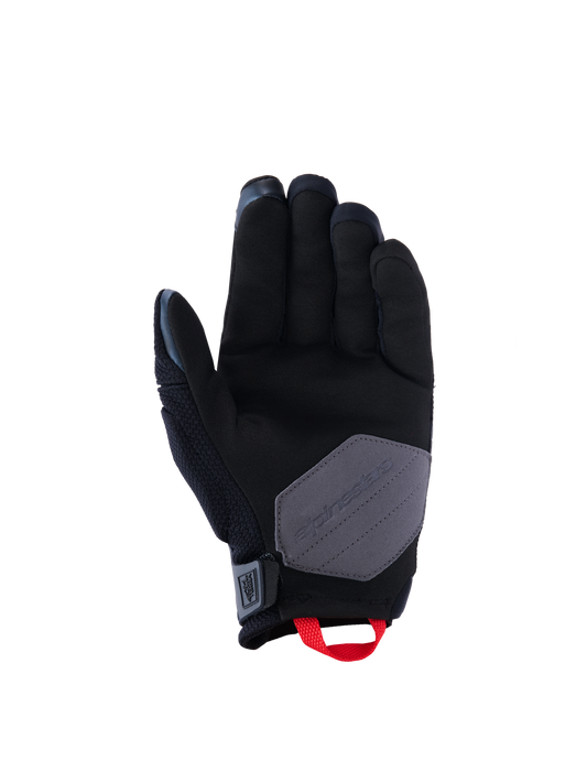 Alpinestars Durack Gloves, Motorcycle Gloves, Black Deep Gray and Bright Red, palm view showing synthetic suede construction with a gray reinforcement patch and bright red pull loop, adventure and dual-sport riding gear