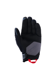 Alpinestars Durack Gloves, Motorcycle Gloves, Black Deep Gray and Bright Red, palm view showing synthetic suede construction with a gray reinforcement patch and bright red pull loop, adventure and dual-sport riding gear