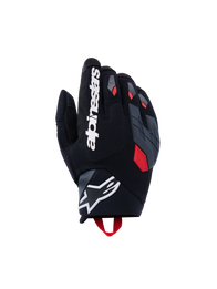 Alpinestars Durack Gloves, Motorcycle Gloves, Black with Deep Gray and Bright Red accents, featuring a textured textile backhand, divided gray knuckle protection, large white Alpinestars wordmark on the index finger, and a white star logo on the neoprene wrist.