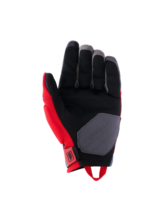 Alpinestars Durack Gloves, Motorcycle Gloves, Bright Red and Mid Gray, palm view featuring synthetic suede construction, black palm with gray reinforcement patch, red side panels and wrist pull loop
